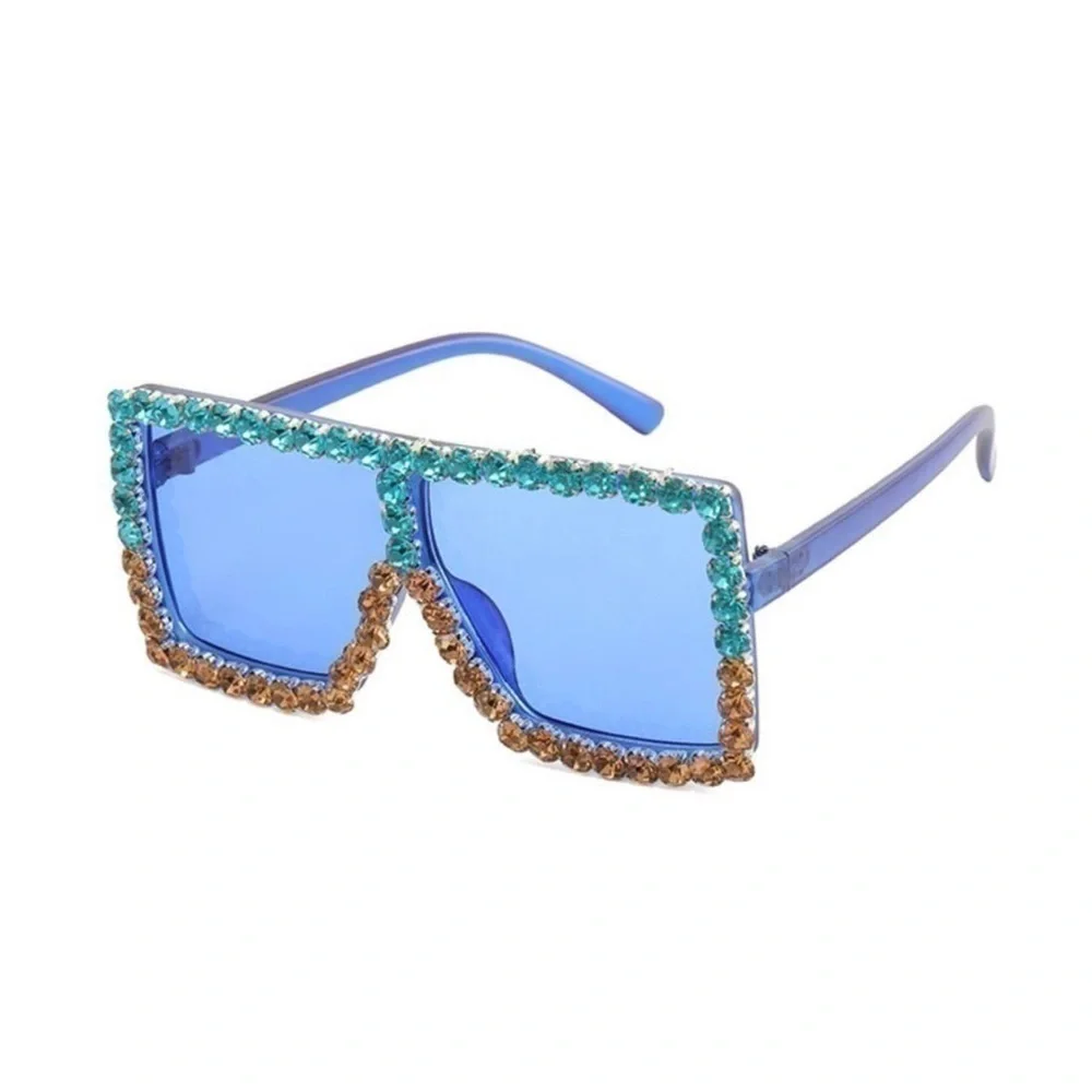 Square Irregular Rhinestone Sunglasses. Blue and gold rhinestones